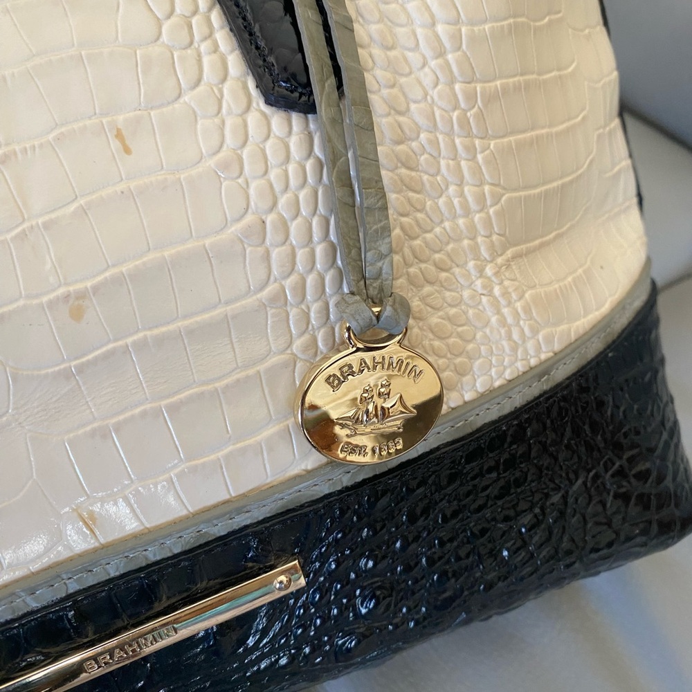 Brahmin Croc-Embossed Satchel in Ivory and Black - Picture 4 of 9